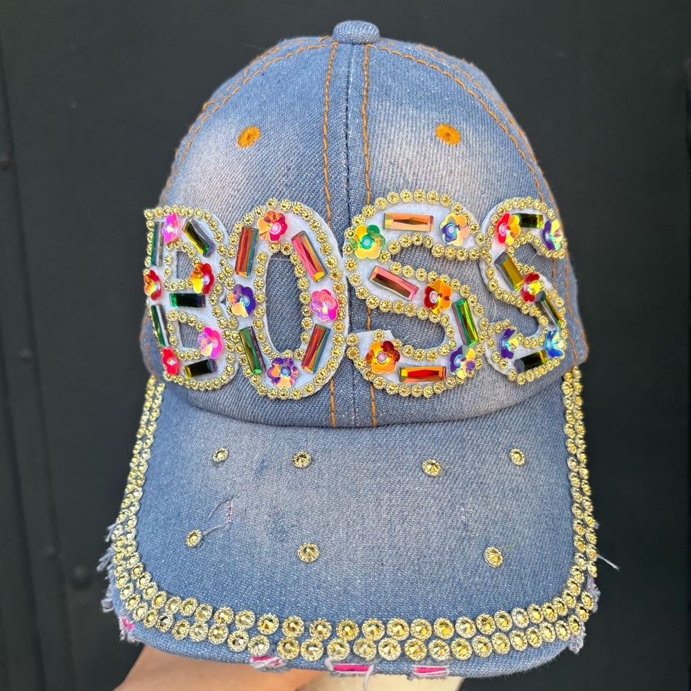 BOSS babe embellished Denim Cap with Multicolor Accents BLING